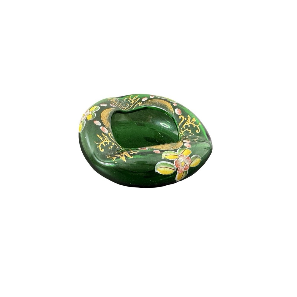 Vintage Handpainted Green Art Glass Cigar Ashtray